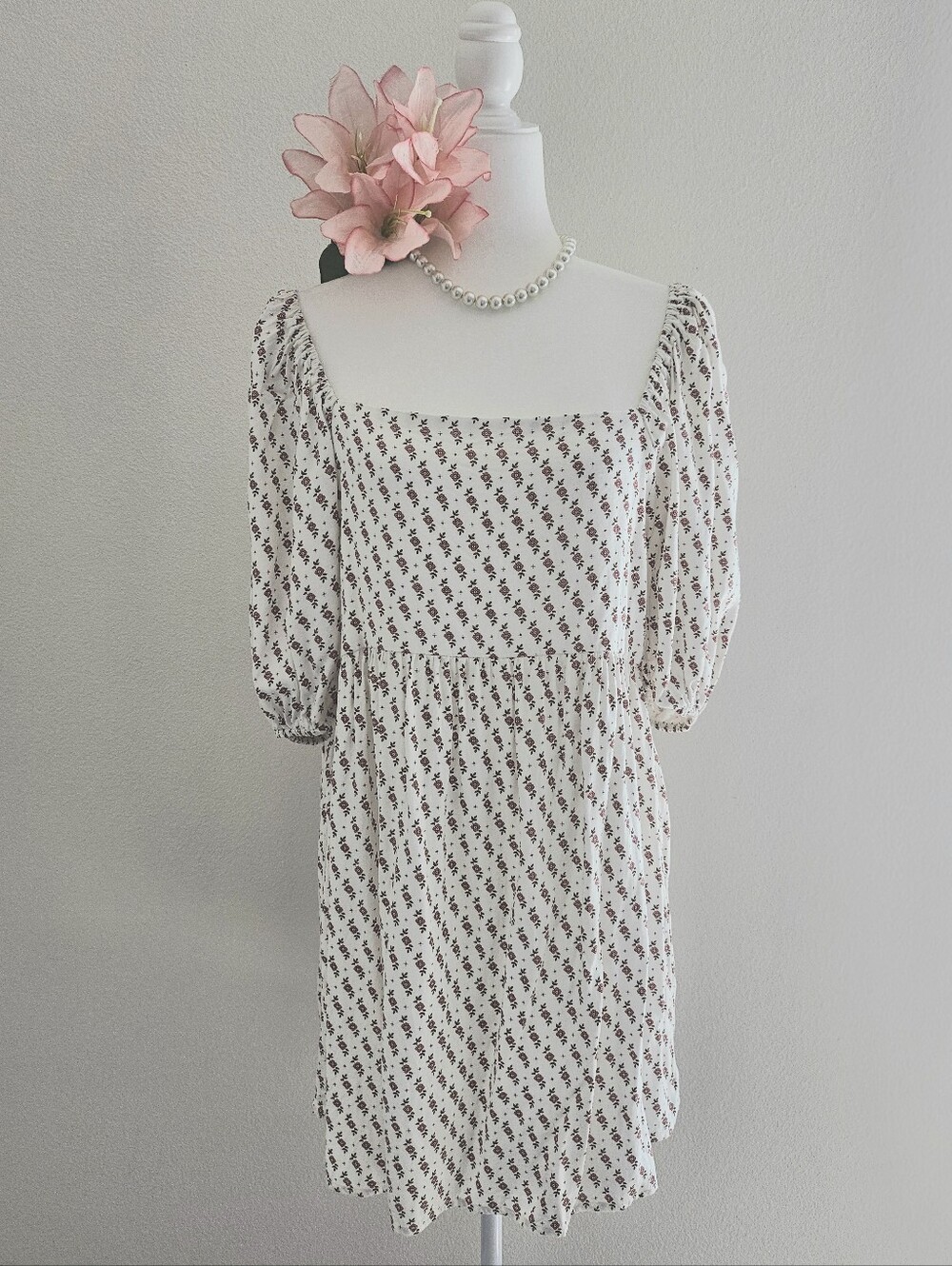 Floral Puff Sleeve Empire Waist Babydoll Mini Dress L
